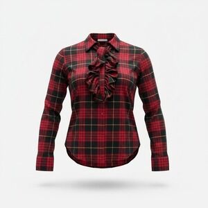 Ralph‎ Lauren Red Plaid Ruffle Neck Long Sleeve Button Up Shirt Women XS